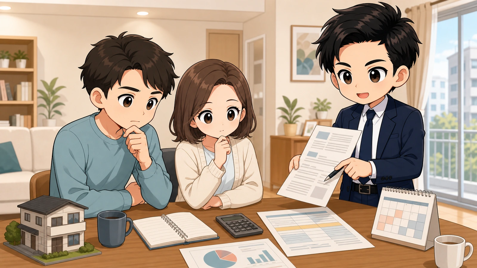 ざわ先生がフリーレント物件の見積書・契約書・期間を確認するイラスト