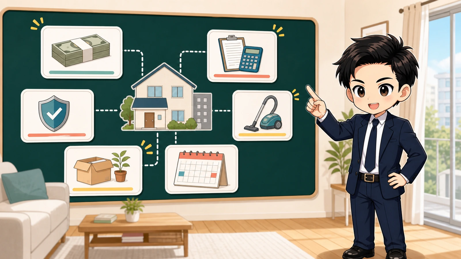 ざわ先生がフリーレントの無料費用と開始・終了日を整理するイラスト