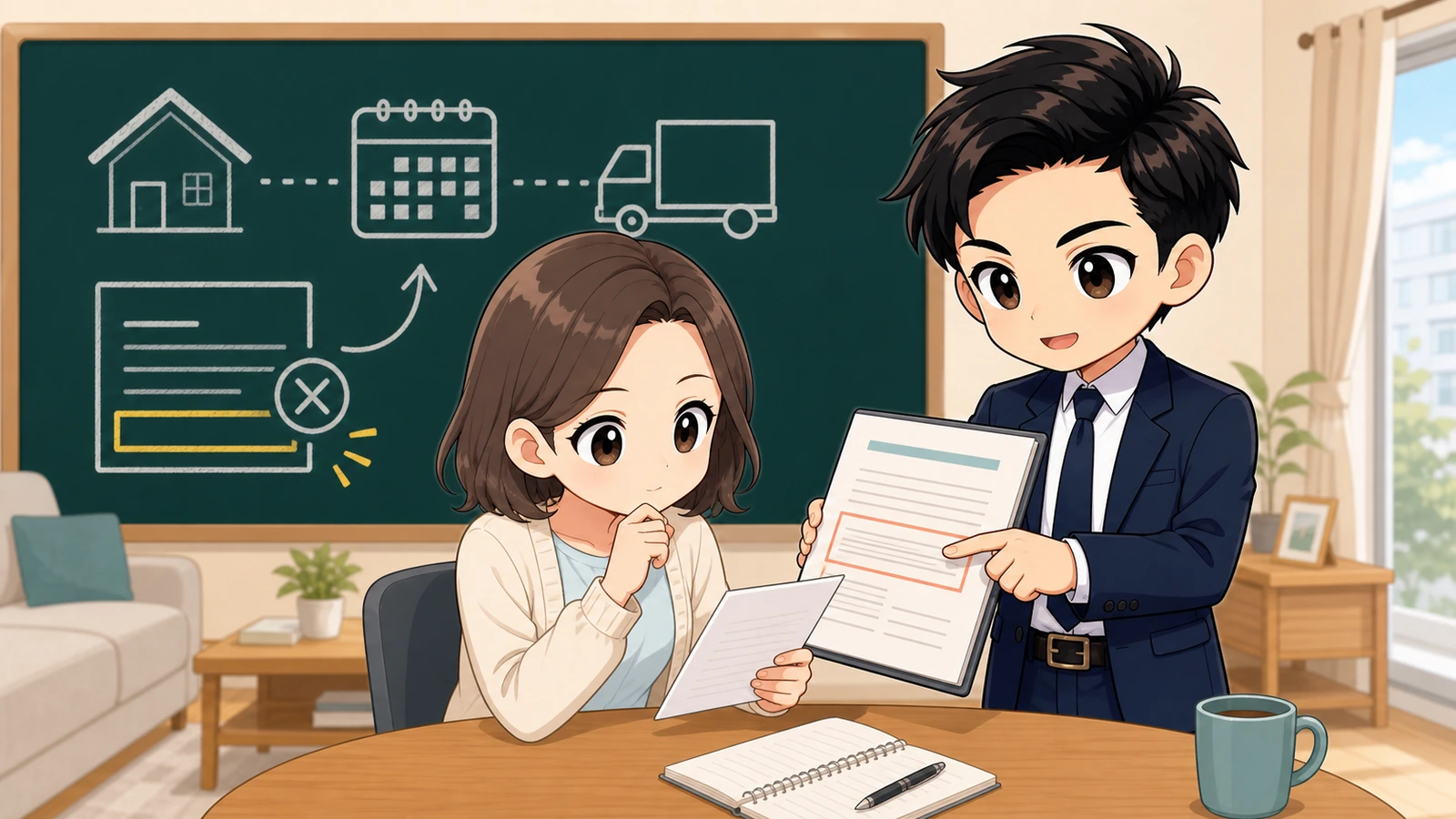 ざわ先生が賃貸契約の短期解約違約金条項を入居者と確認するイラスト