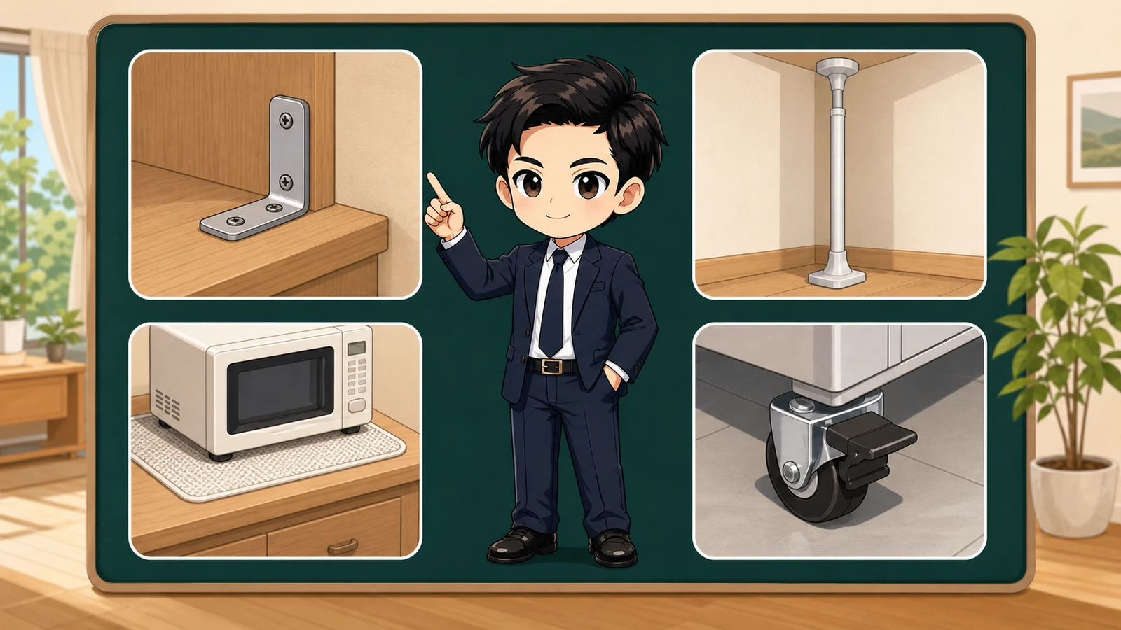 ざわ先生が家具・壁・天井に合う転倒防止器具を組み合わせるイラスト