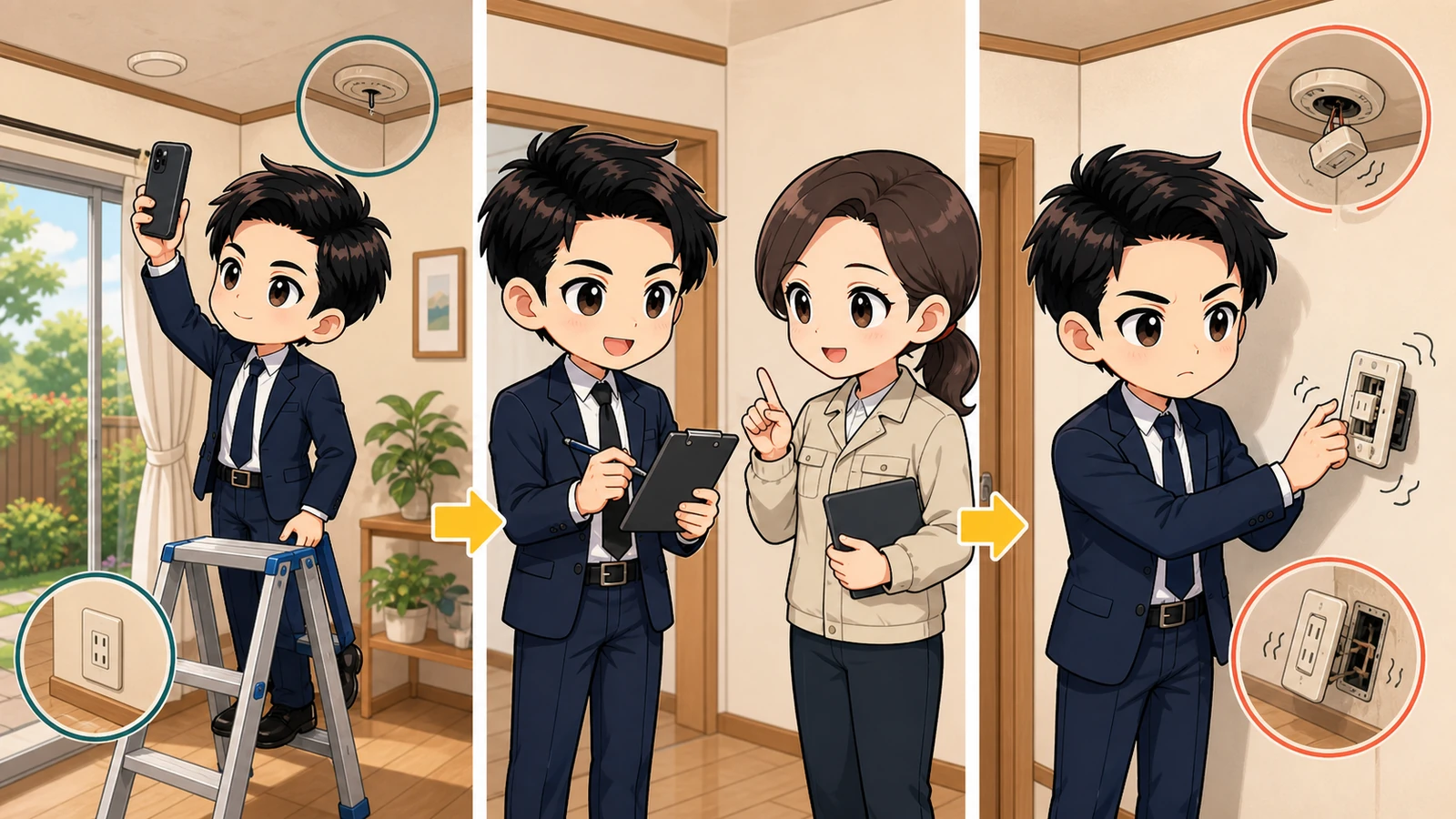 ざわ先生が穴あけ前に管理会社へ確認し転倒防止器具を点検するイラスト