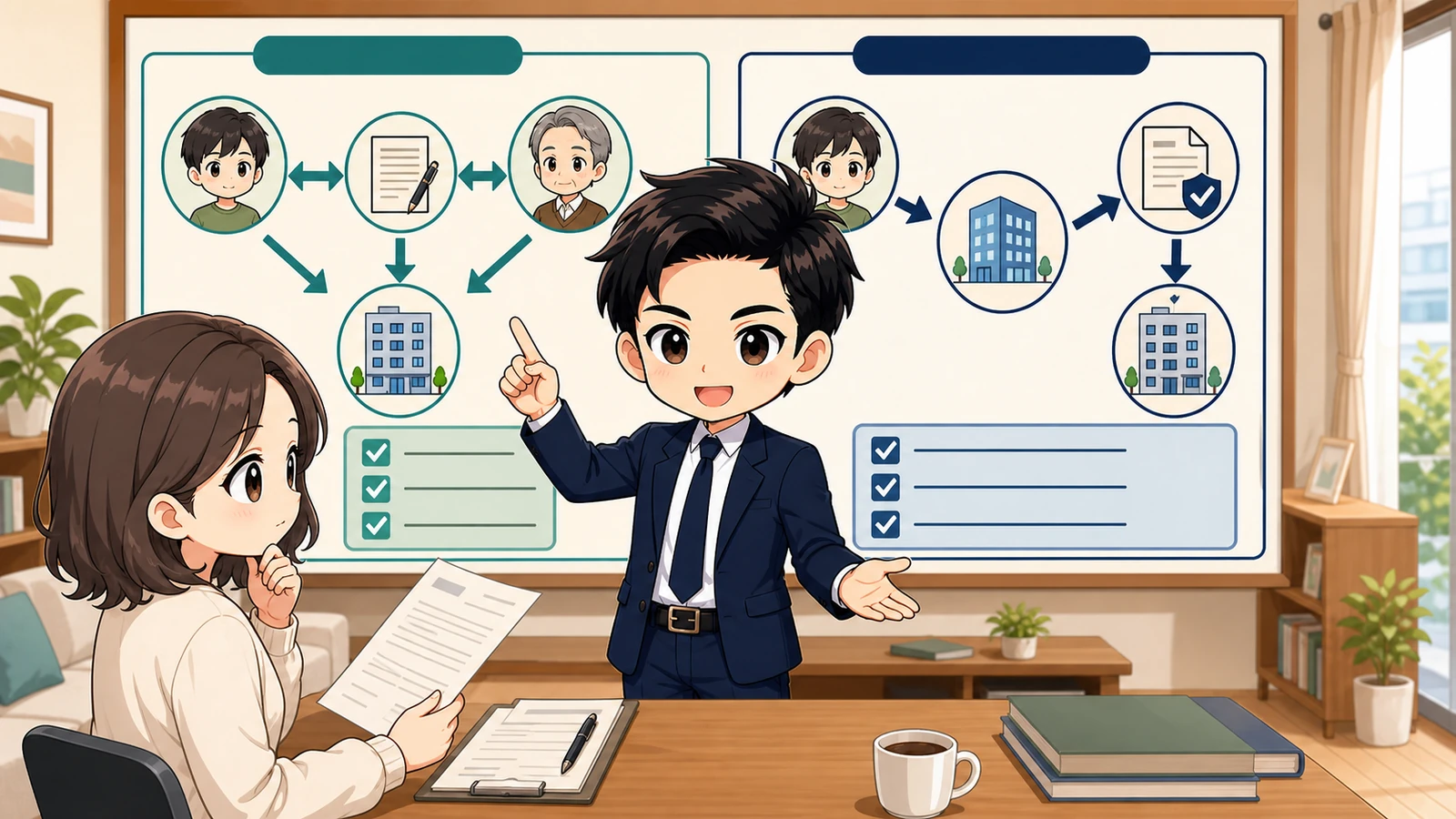 ざわ先生が賃貸の連帯保証人と家賃保証会社の違いを説明するイラスト