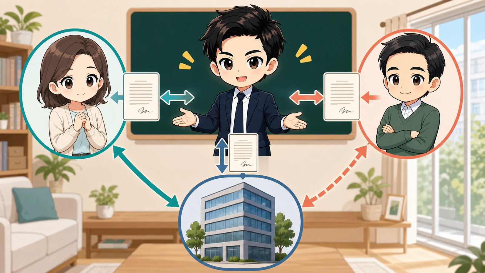 ざわ先生が賃貸の連帯保証人と家賃保証会社の役割を分けて説明するイラスト