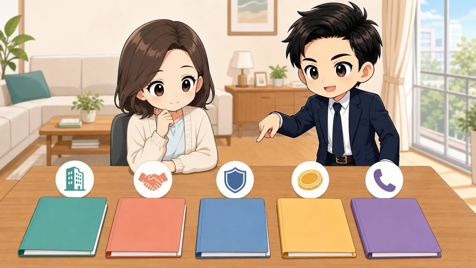 ざわ先生が連帯保証人契約・保証委託契約・賃貸借契約を一つずつ照合するイラスト