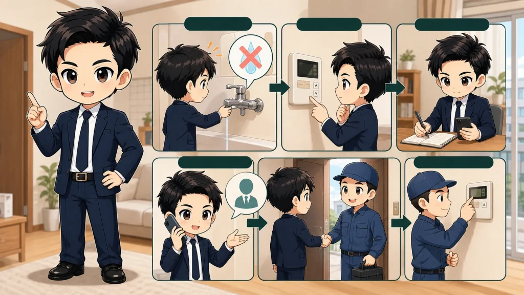 ざわ先生が賃貸でお湯が出ないときの安全確認と連絡手順を説明するイラスト
