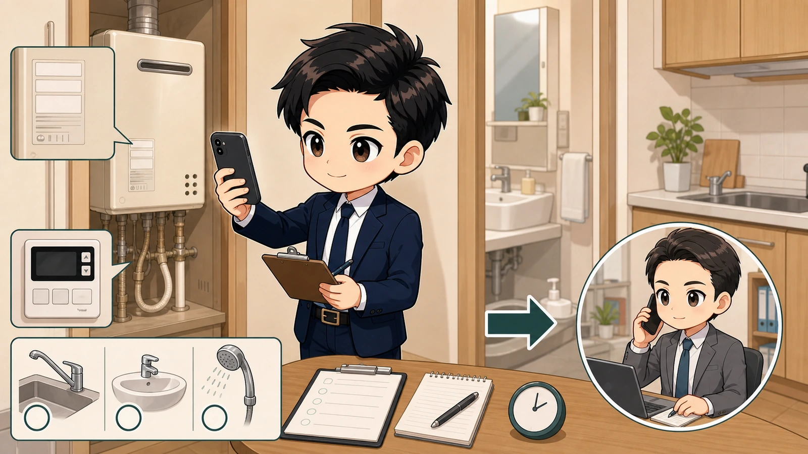 ざわ先生が賃貸給湯器の症状・時刻・型番を管理会社へ伝えるイラスト