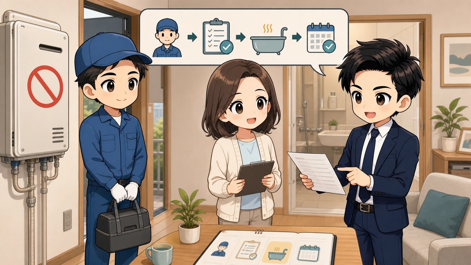 ざわ先生が賃貸給湯器の修理手配・費用・代替対応を管理会社と確認するイラスト