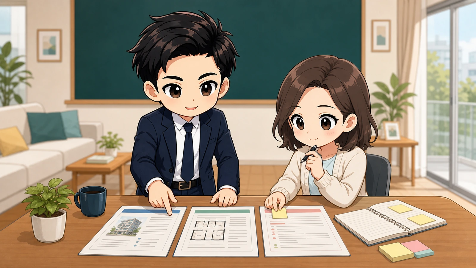 ざわ先生が賃貸契約前の3つの書類と質問メモを準備するイラスト
