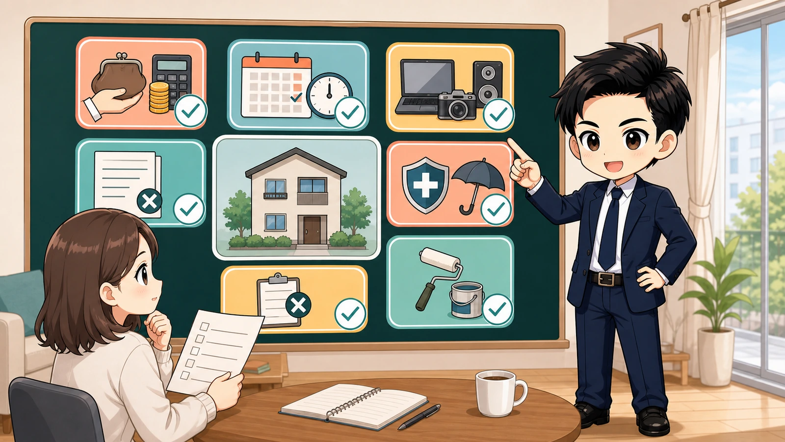 ざわ先生が賃貸の費用・期限・設備・禁止事項を生活場面で確認するイラスト