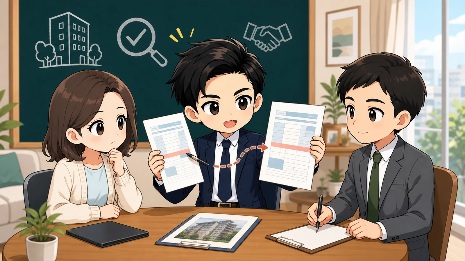ざわ先生が賃貸の重要事項説明後に書類差異と未回答を解消するイラスト