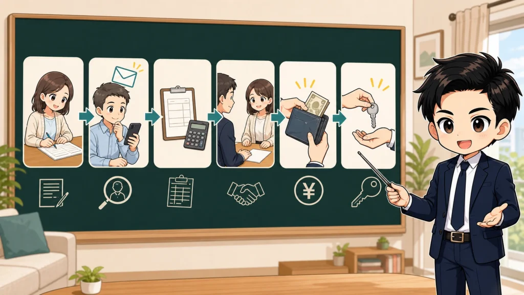 ざわ先生が賃貸の初期費用を支払う時期と確認順を説明するイラスト