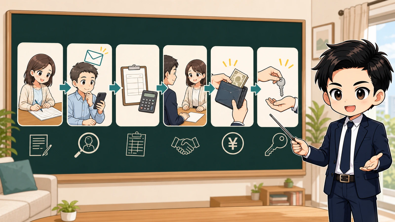 ざわ先生が賃貸の初期費用を支払う時期と確認順を説明するイラスト