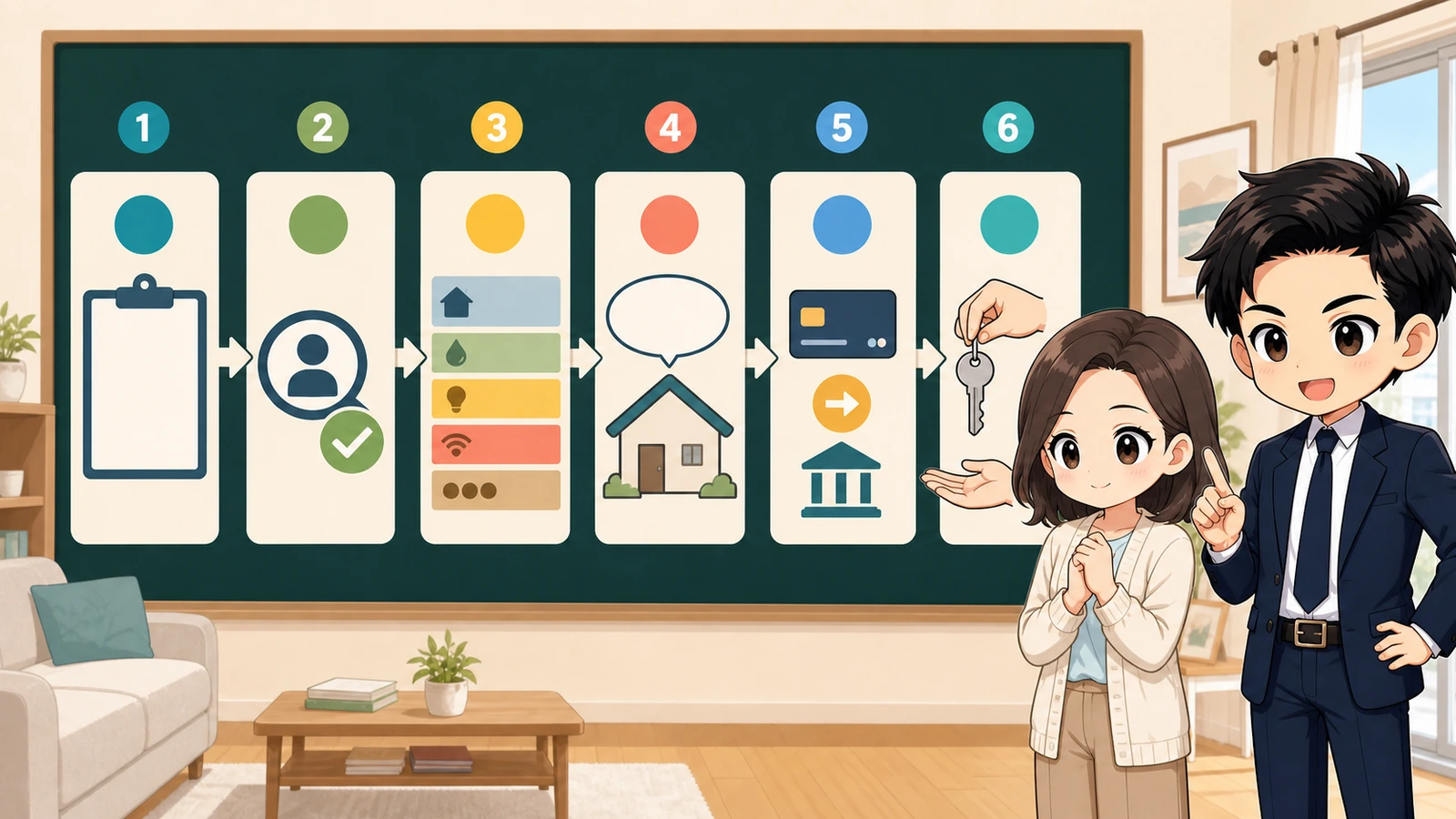 ざわ先生が申込から審査・契約・初期費用支払いまでを順番に確認するイラスト