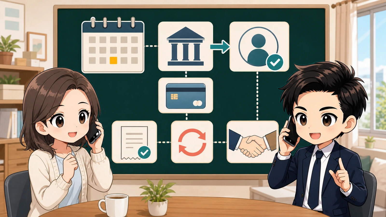 ざわ先生が契約後から鍵受取までの支払い記録と追加費用を確認するイラスト