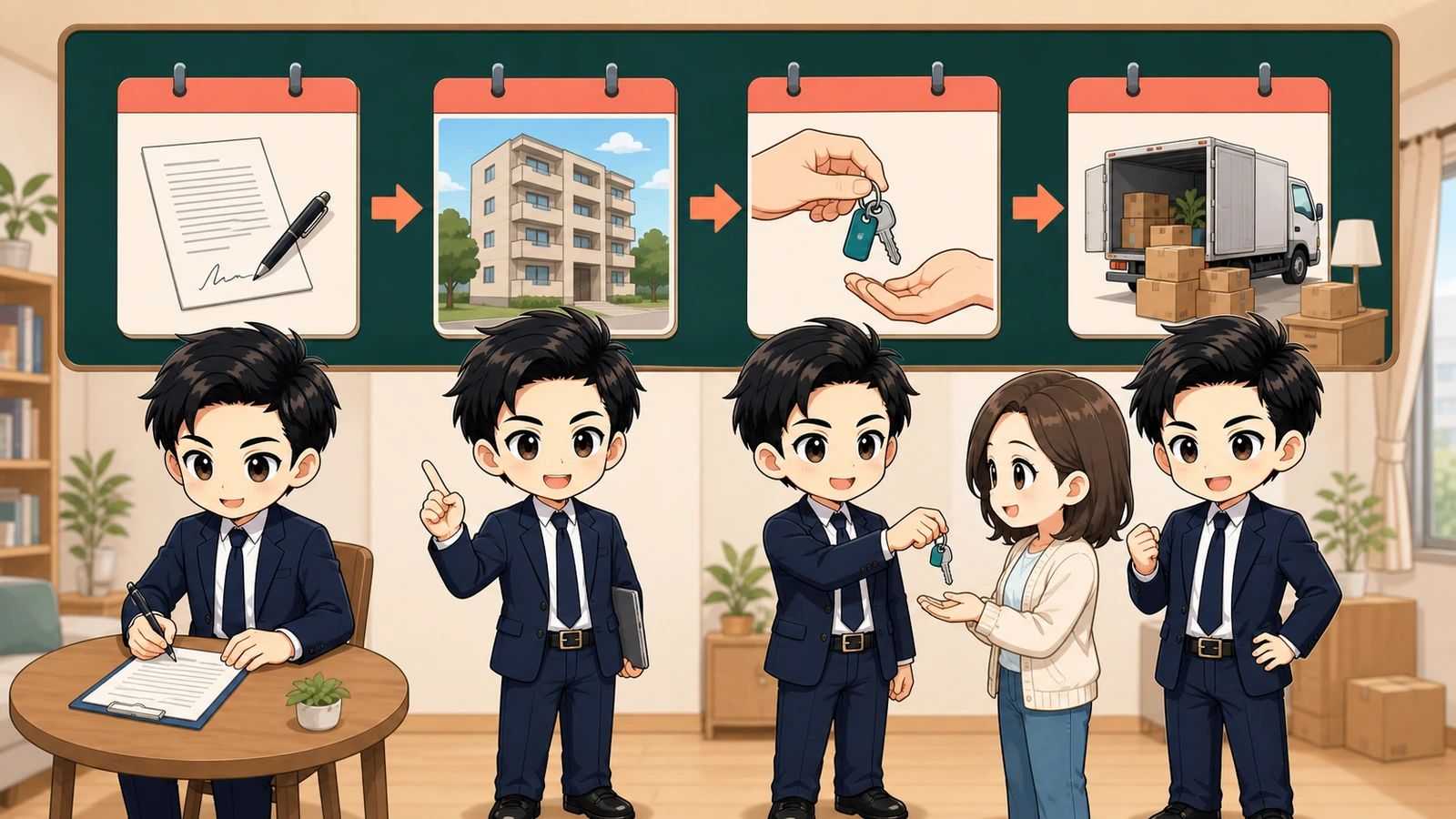 ざわ先生が賃貸の契約日・契約開始日・入居日・引越し日を整理するイラスト