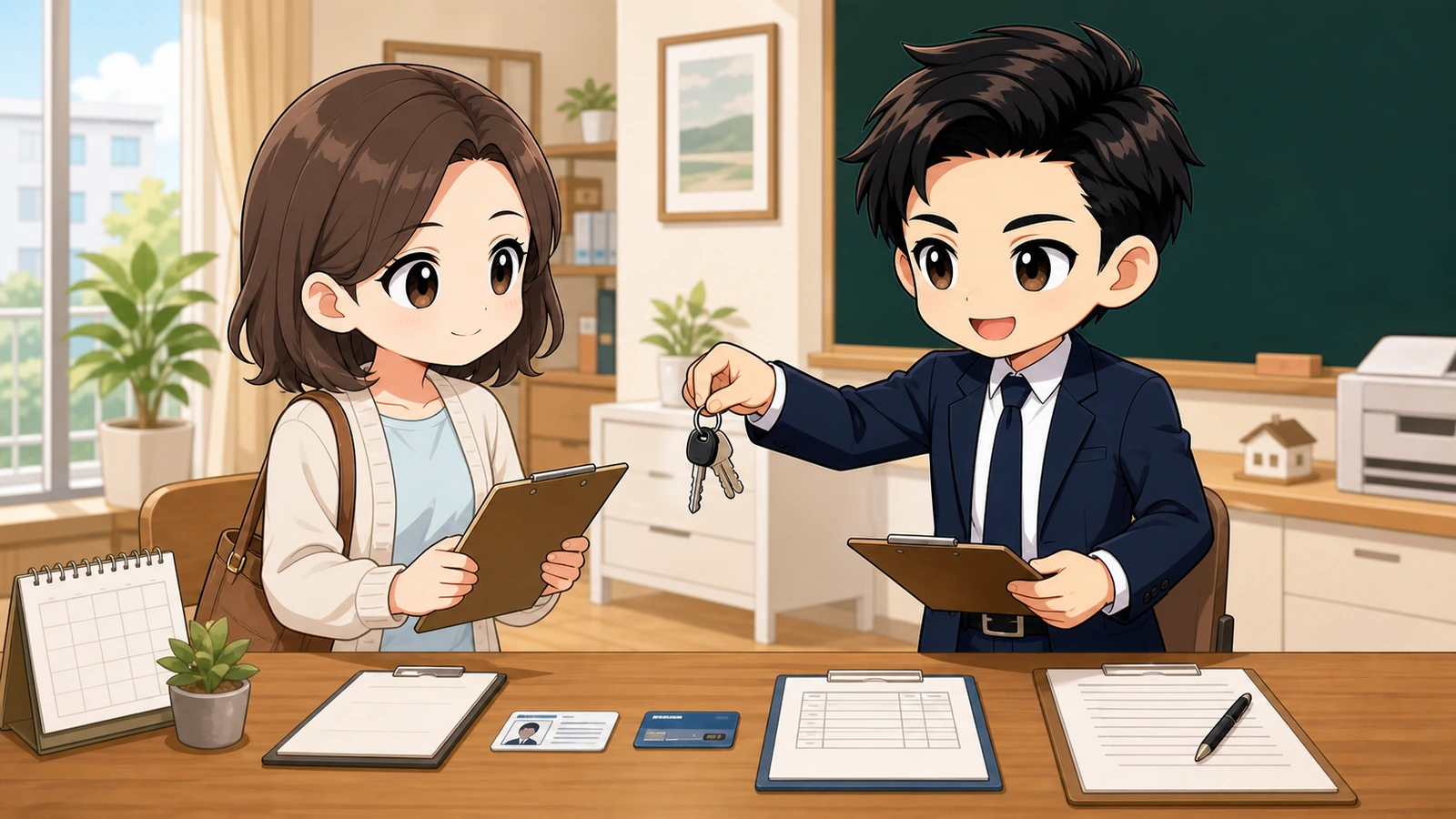 ざわ先生が賃貸の鍵受け取り場所・時間・持ち物・代理条件を確認するイラスト