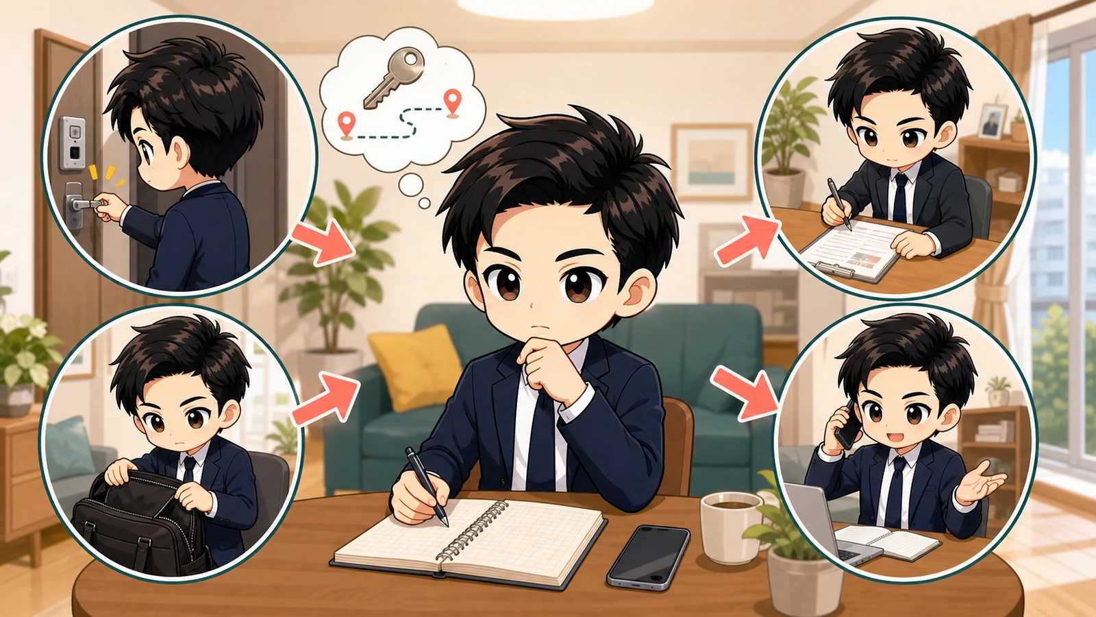 ざわ先生が賃貸の鍵を落とした場所と管理会社の連絡先を確認するイラスト