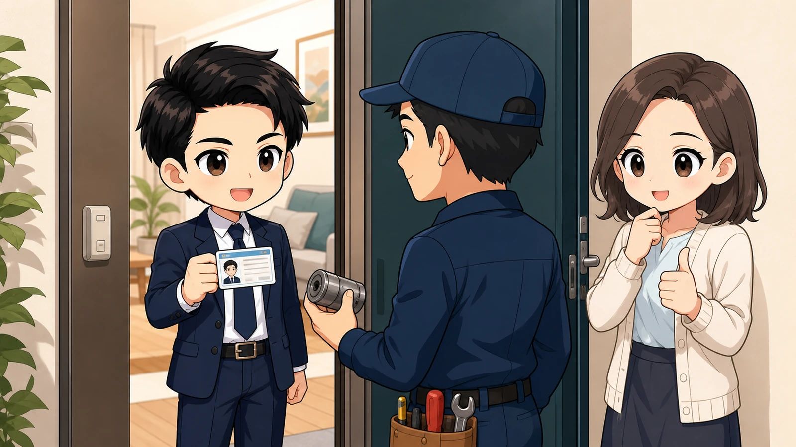 ざわ先生が本人確認後に承認された開錠とシリンダー交換を見守るイラスト