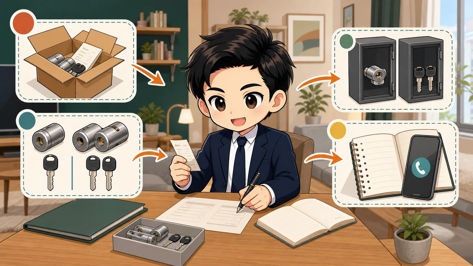 ざわ先生が鍵交換費用・受領本数・保管方法を記録するイラスト
