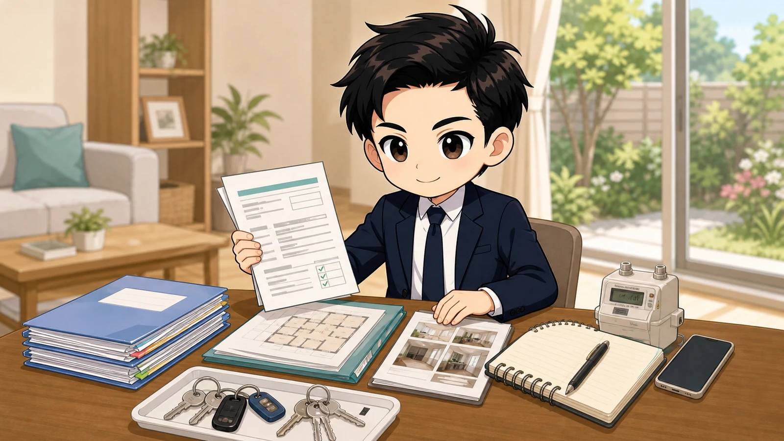 ざわ先生が退去立会い前に契約書・入居時写真・鍵をそろえるイラスト