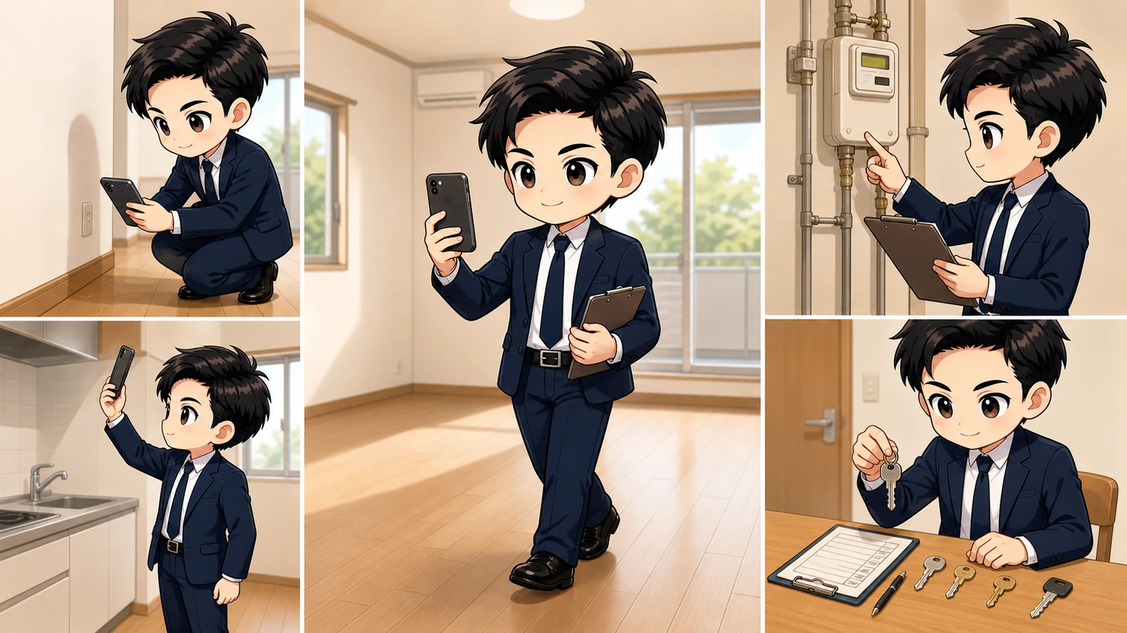 ざわ先生が退去立会いで室内写真・メーター・鍵返却を確認するイラスト