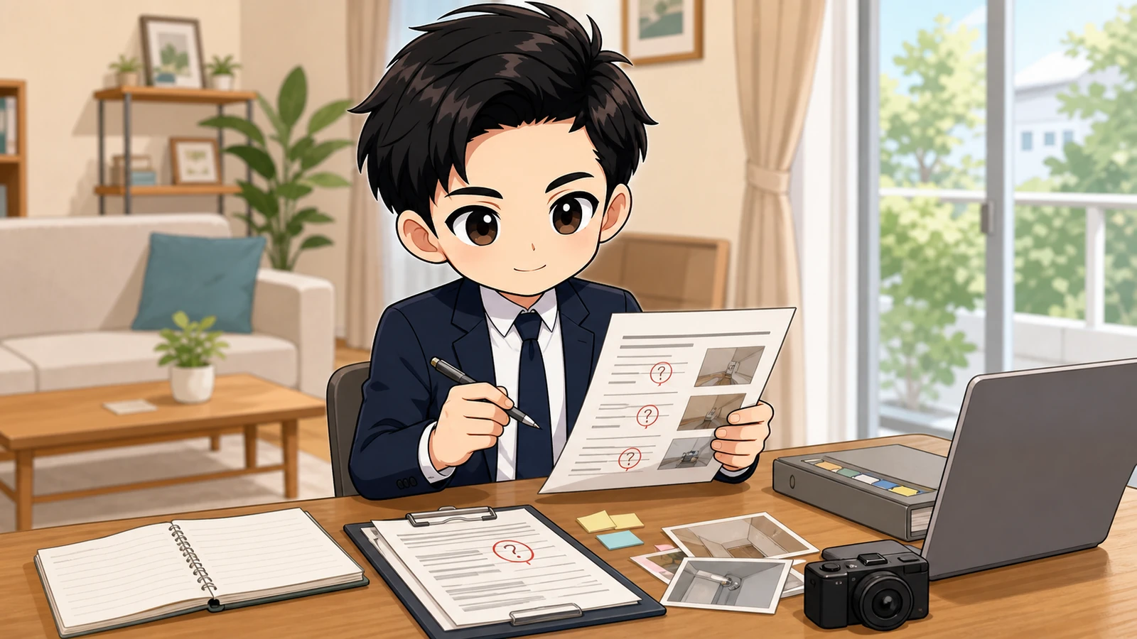 ざわ先生が退去立会いの書面を署名前に読み記録を保存するイラスト