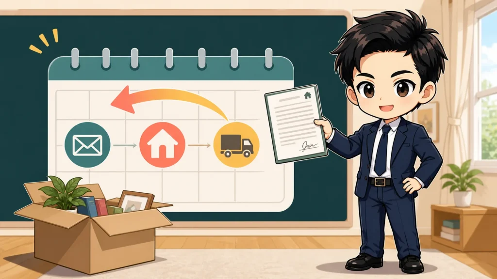 ざわ先生が賃貸の退去連絡時期を契約書とカレンダーで案内するイラスト