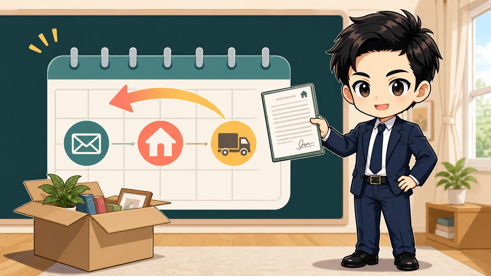 ざわ先生が賃貸の退去連絡時期を契約書とカレンダーで案内するイラスト