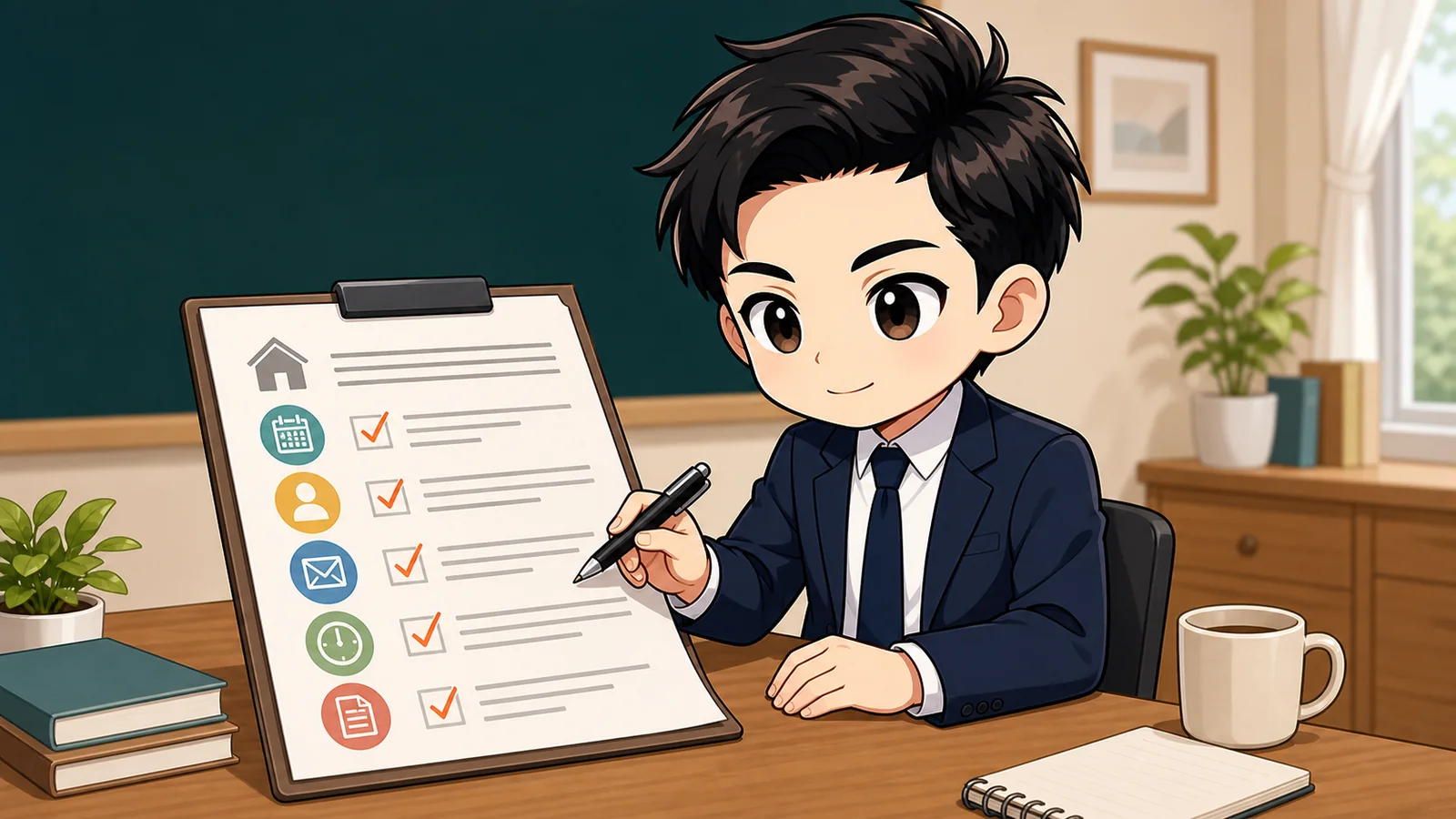 ざわ先生が賃貸借契約書の解約予告期間など5項目を確認するイラスト