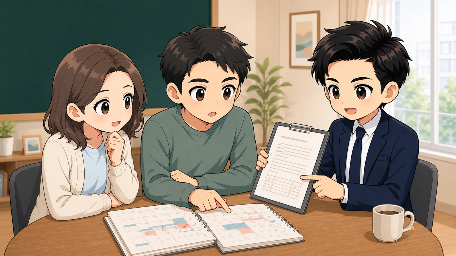 ざわ先生が退去連絡の遅れによる解約日と家賃負担を確認するイラスト