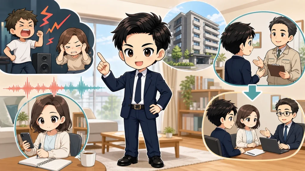 ざわ先生が賃貸の騒音を管理会社へ相談する順番を説明するイラスト