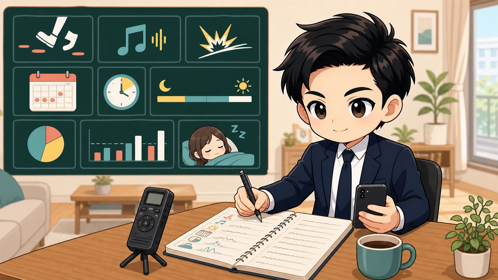 ざわ先生が賃貸の騒音について種類・時刻・頻度・生活への影響を記録するイラスト