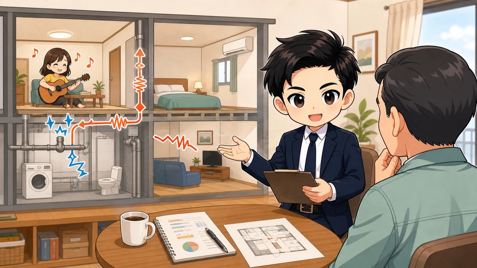 ざわ先生が発生源を決めつけず騒音記録を管理会社へ伝えるイラスト