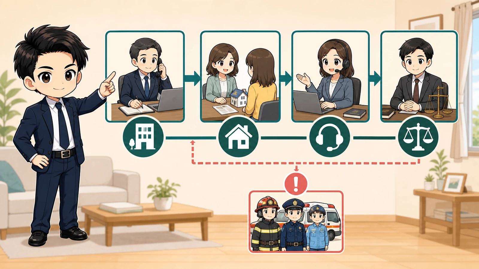 ざわ先生が騒音改善後の再相談・公的窓口・危険時対応を順に整理するイラスト