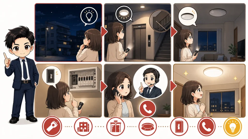 ざわ先生が賃貸住宅の停電時に確認する順番を説明するイラスト