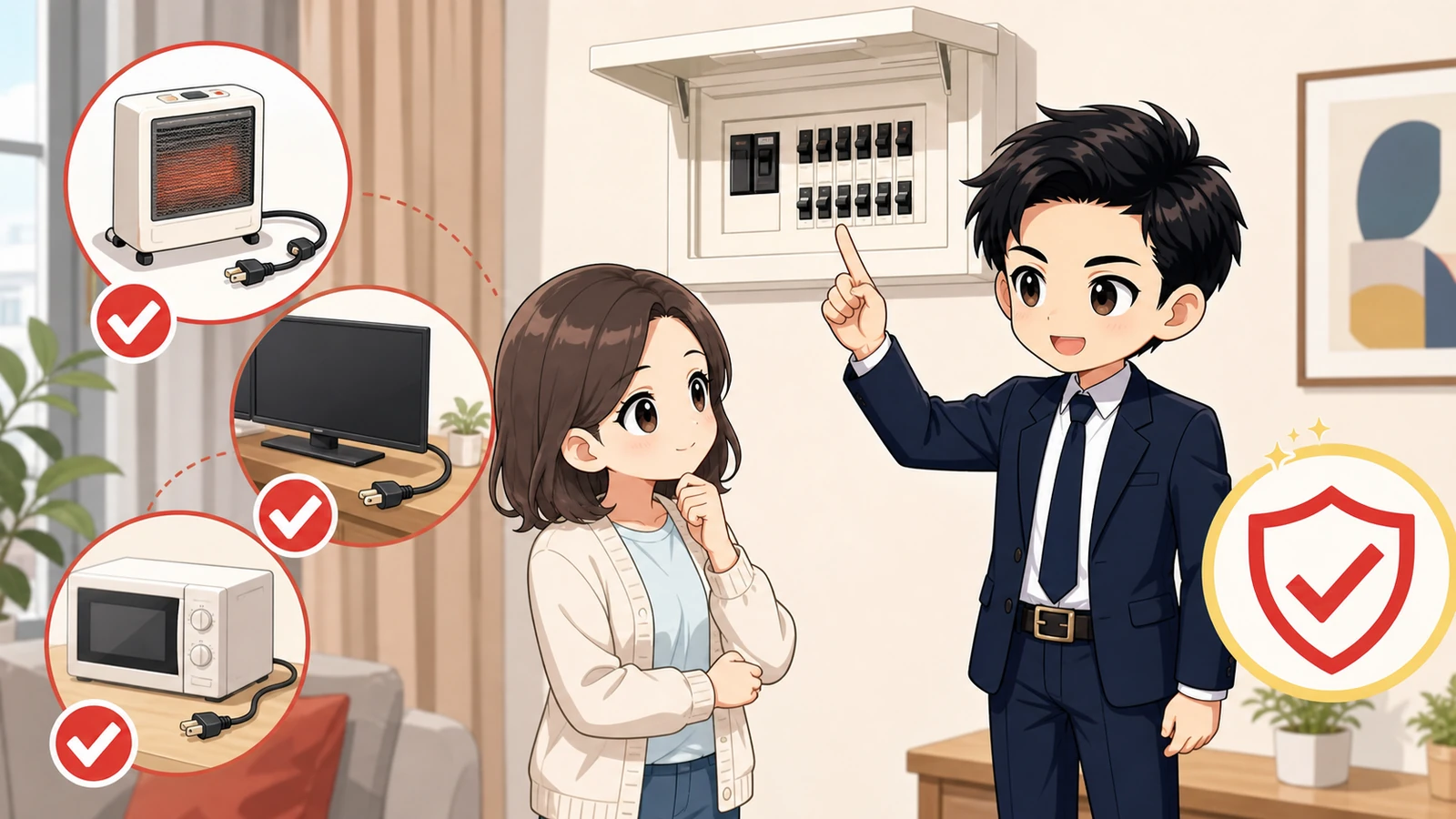 ざわ先生が安全を確認して分電盤のブレーカーを操作するイラスト