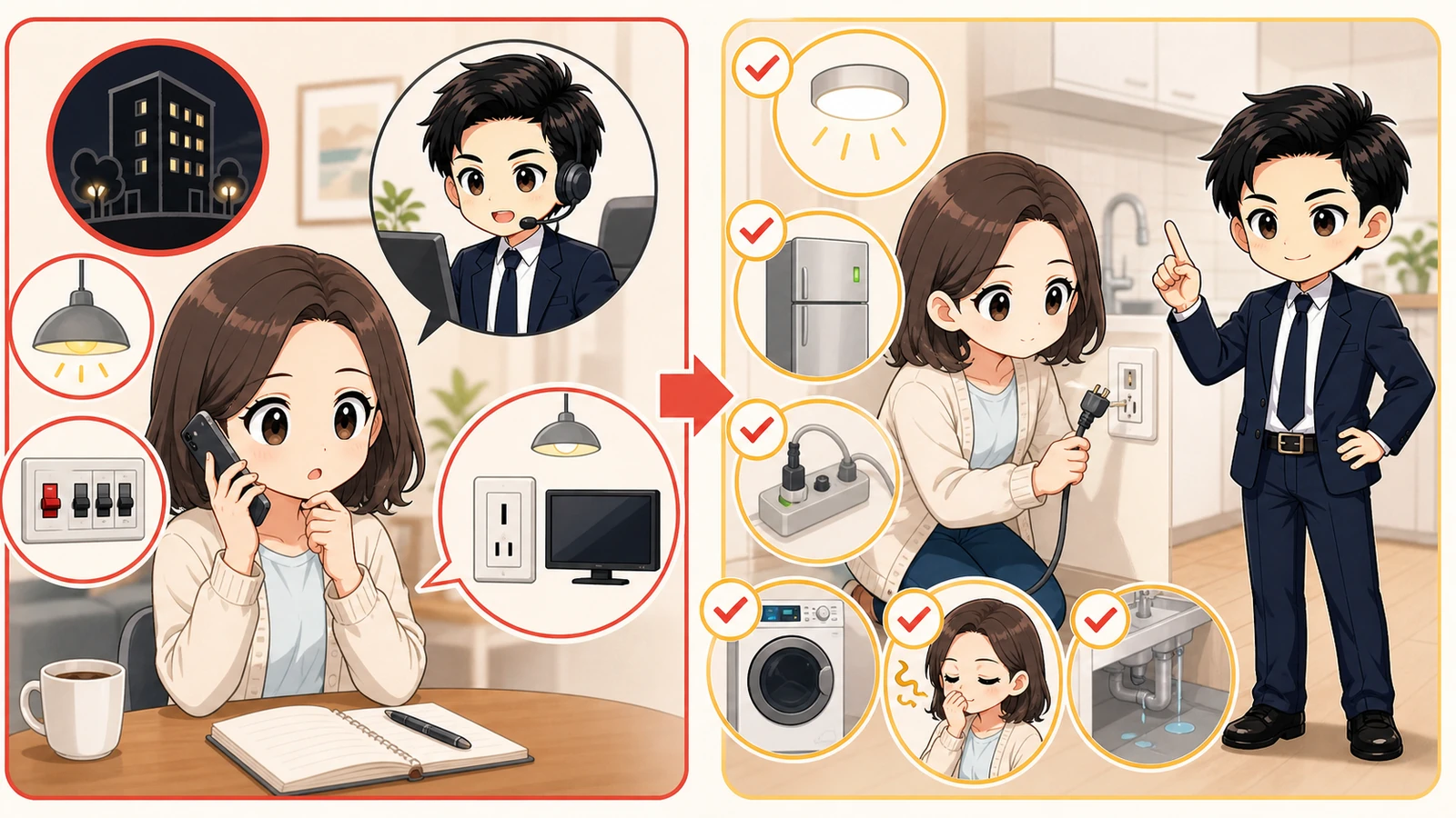 ざわ先生が管理会社へ停電状況を連絡し復旧後の家電を確認するイラスト