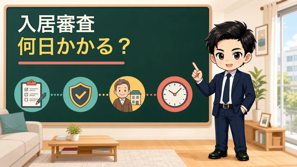 ざわ先生が賃貸の入居審査にかかる日数と確認の流れを案内するイラスト