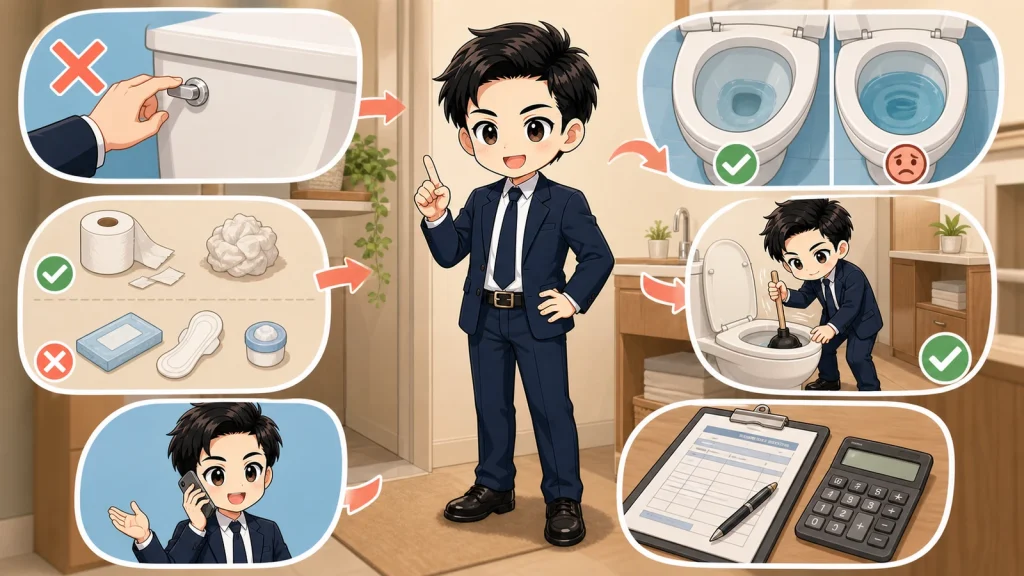 ざわ先生が賃貸のトイレ詰まりを応急処置・管理会社連絡・業者手配に分けて説明するイラスト