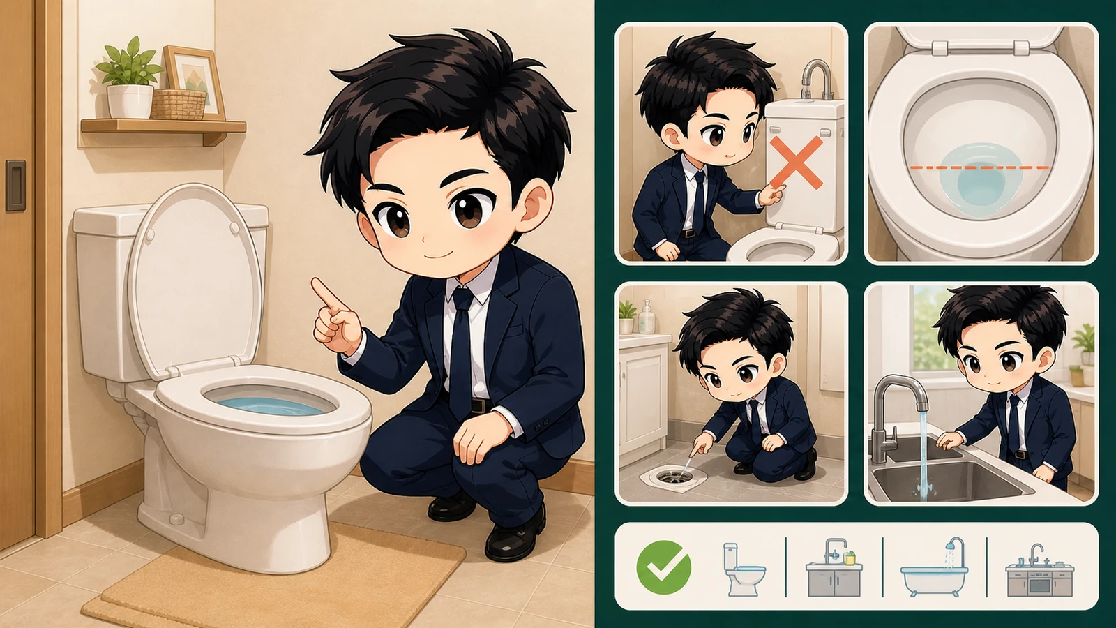 ざわ先生が詰まった賃貸トイレで追加洗浄を止め水位と周辺を確認するイラスト