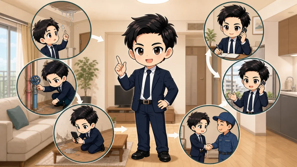 ざわ先生が賃貸の水漏れ時の止水・記録・管理会社連絡を説明するイラスト