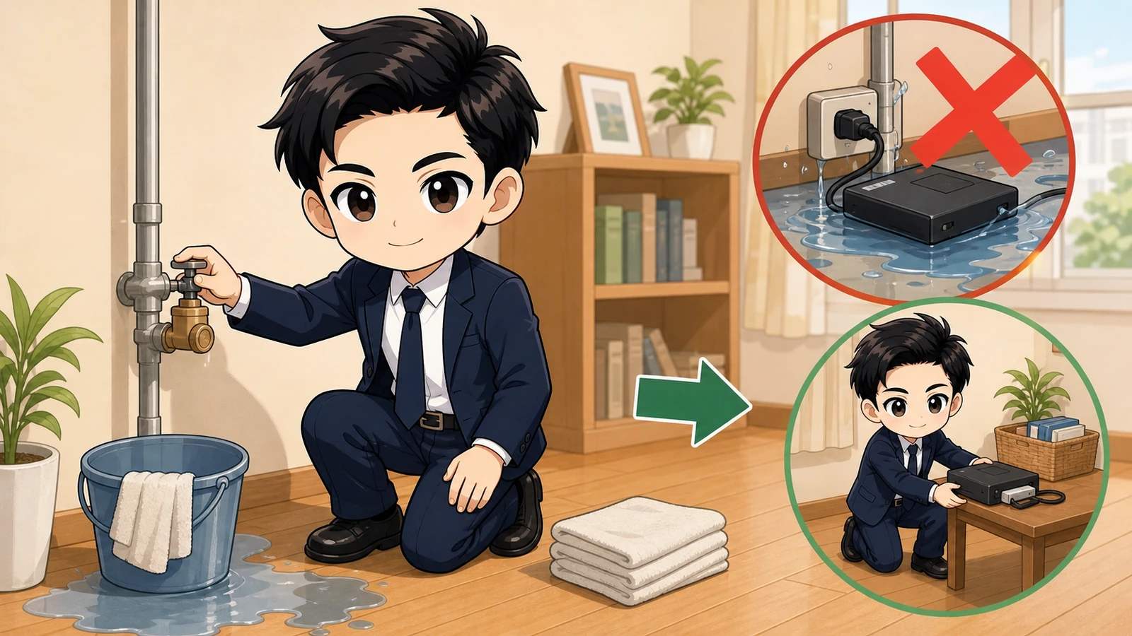 ざわ先生が賃貸の水漏れで安全を確認し止水するイラスト