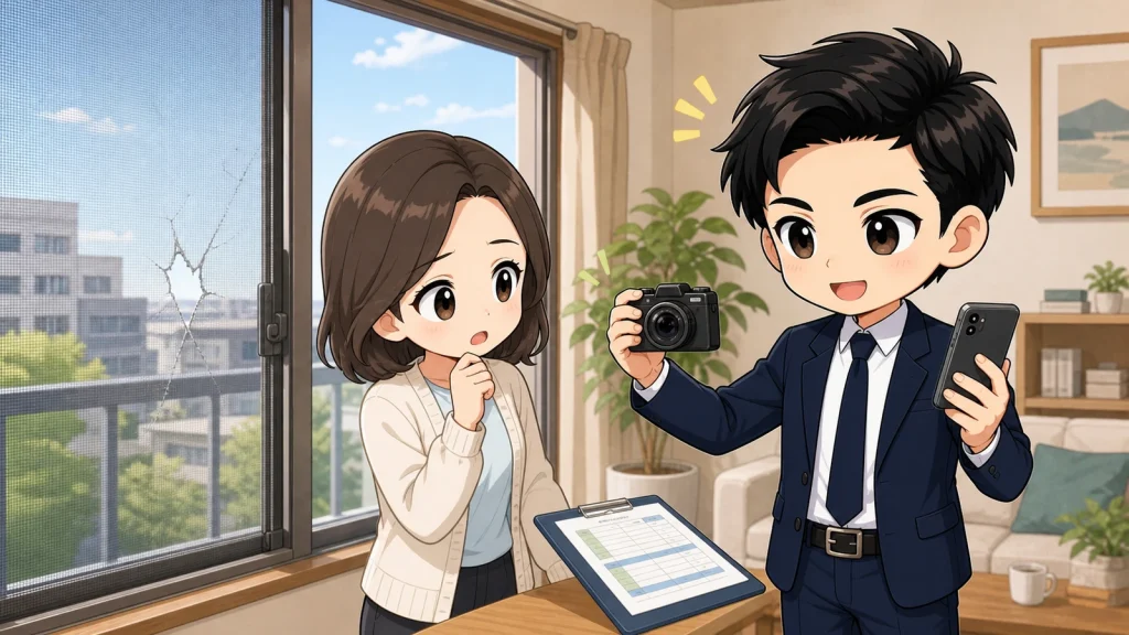 ざわ先生が賃貸の破れた網戸を記録して管理会社へ連絡するイラスト