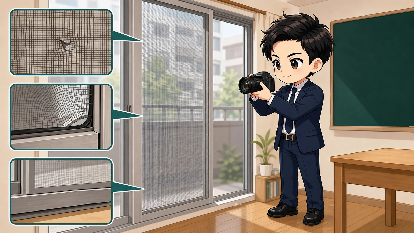 ざわ先生が網戸メッシュの破れ・外れ・枠のゆがみを写真記録するイラスト
