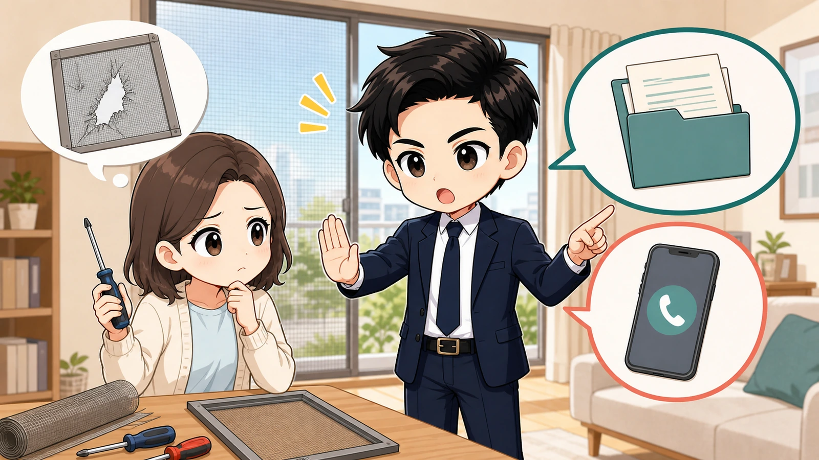 ざわ先生が賃貸の網戸を自分で直す前に契約書と管理会社を確認するイラスト
