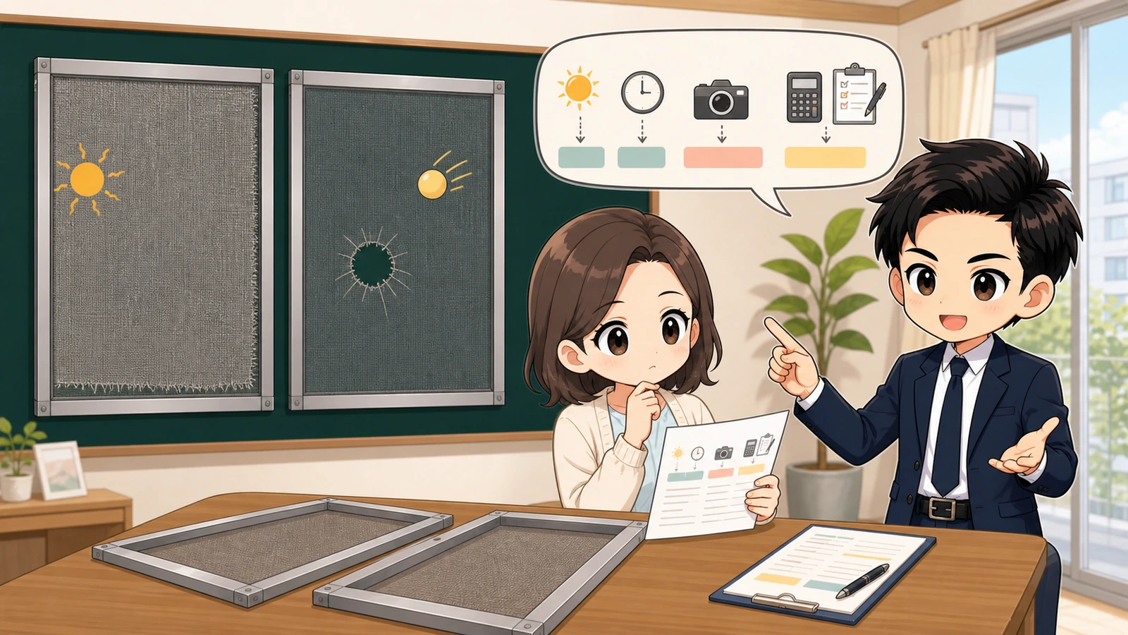 ざわ先生が賃貸網戸の経年劣化と偶発的破損を見積書で比較するイラスト