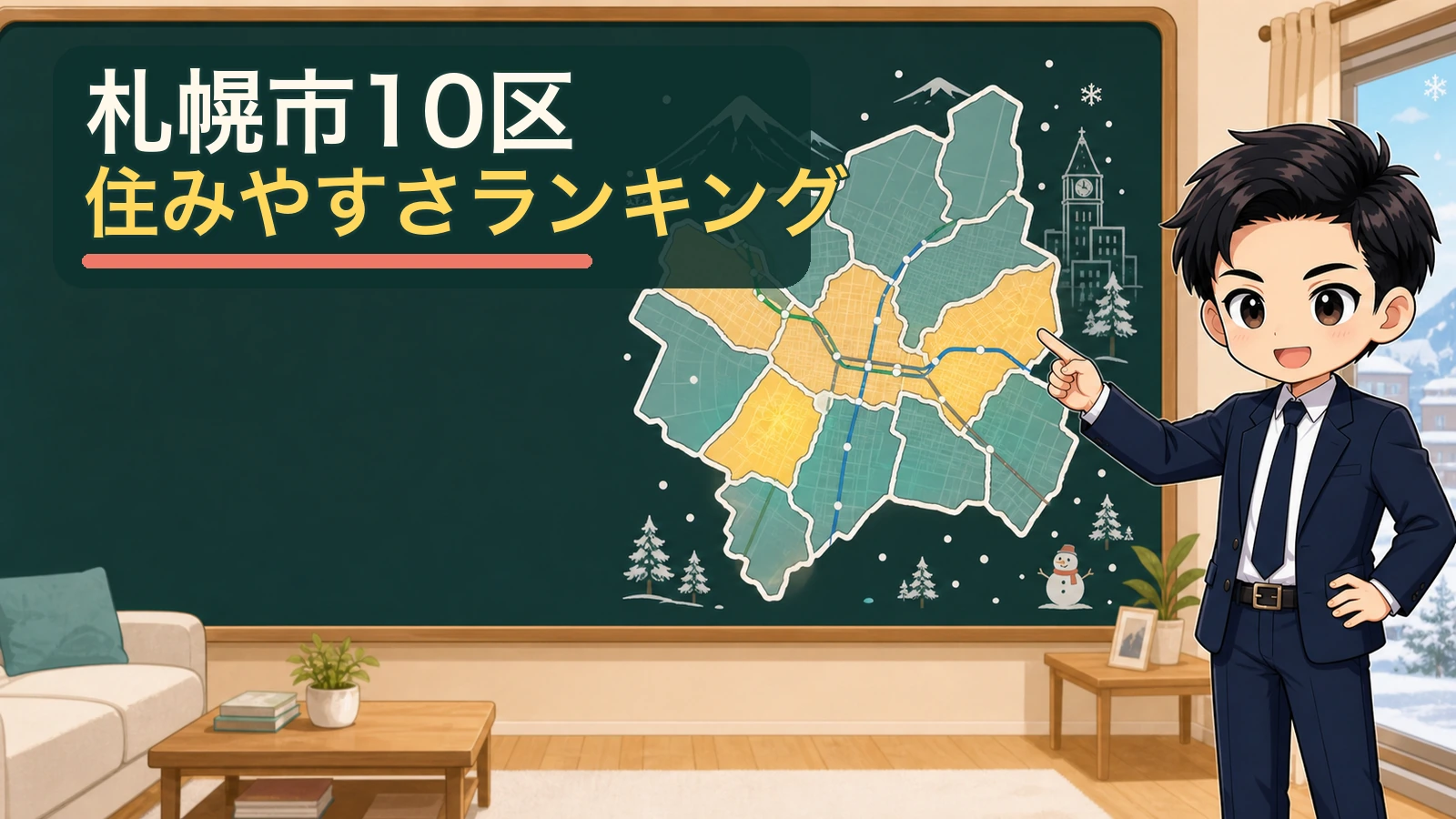 ざわ先生が札幌市の地図を指して住みやすい区を案内するイラスト