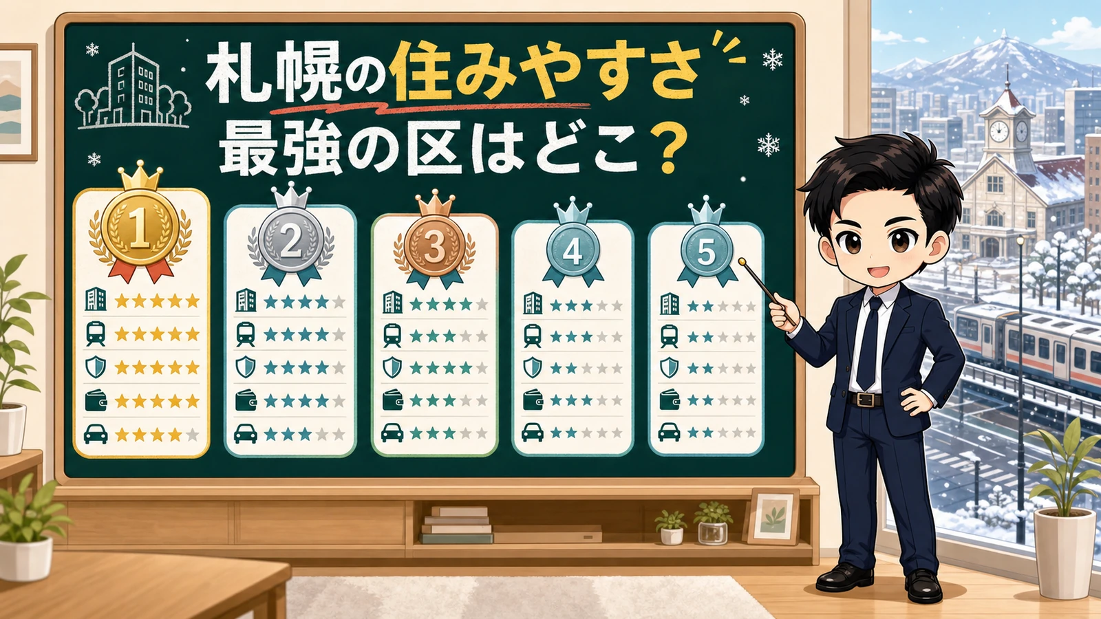 ざわ先生が札幌市の住みやすい区TOP5を星で比較するイラスト