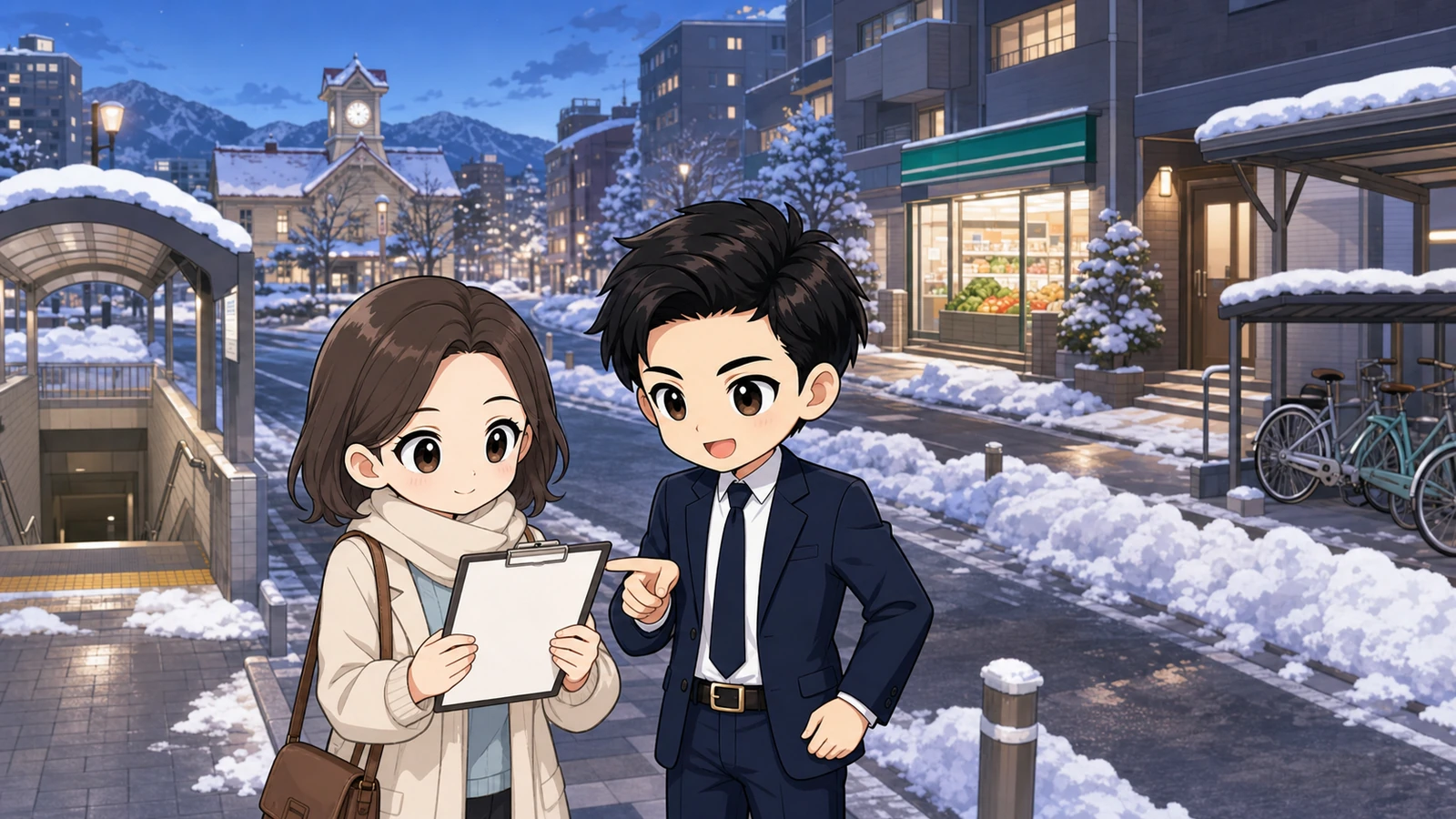 ざわ先生と入居希望者が札幌市の駅から物件までの夜道を確認するイラスト