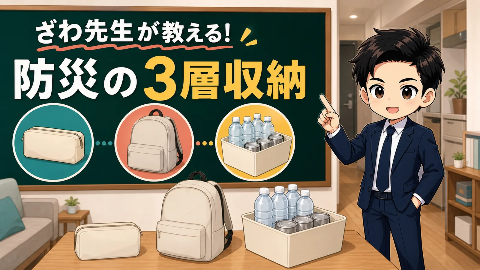 ざわ先生が一人暮らしの最低限の防災グッズを優先順に案内するイラスト
